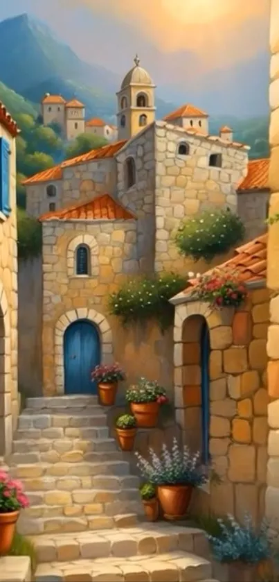 Mediterranean village scenery with stone buildings in warm colors.