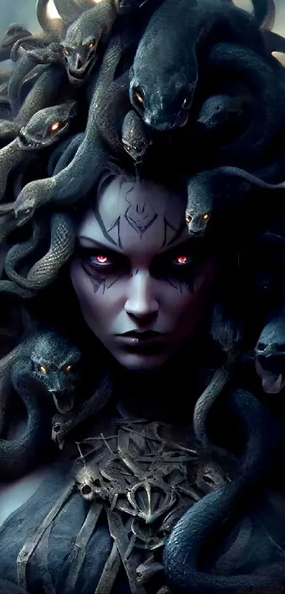 Dark Medusa art with snake hair.