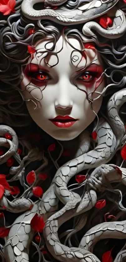 Medusa-inspired portrait with red accents and snake hair.