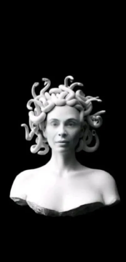 Black wallpaper with a Medusa bust sculpture.