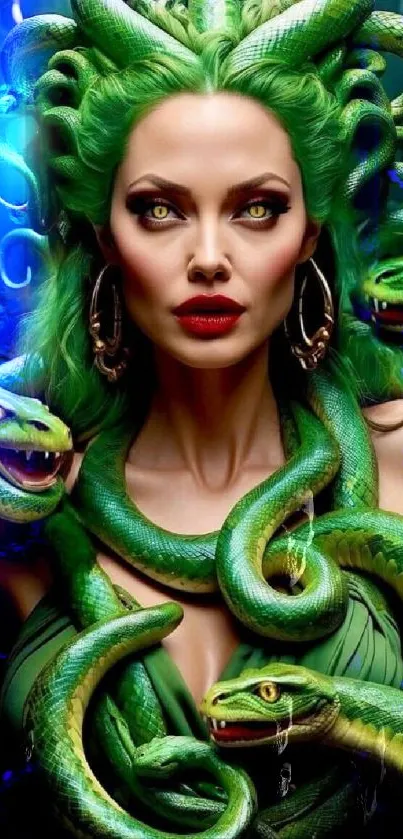 Green-haired Medusa surrounded by snakes in vibrant fantasy art style.