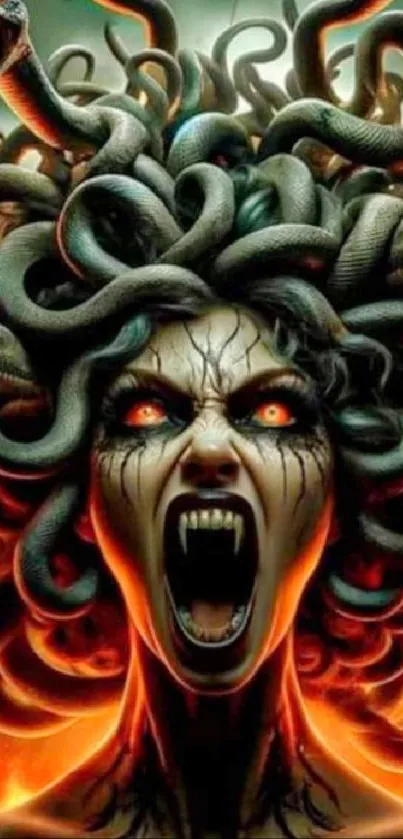 Medusa with fiery gaze and serpent hair in a vivid wallpaper.