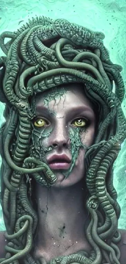 Fantasy artwork of a Medusa with serpent hair and glowing eyes.