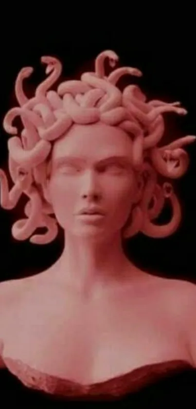 Medusa sculpture on dark background with snake hair in coral tones.