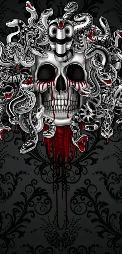 Dark Medusa skull with snakes on deep black background.