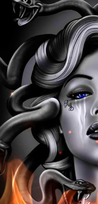 Medusa-themed wallpaper with grayscale snakes and blue eyes.