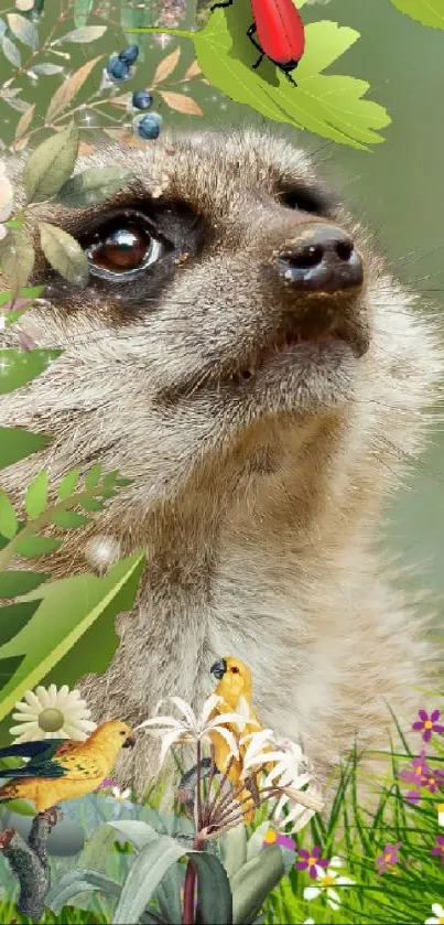 Curious meerkat surrounded by nature in vibrant mobile wallpaper.