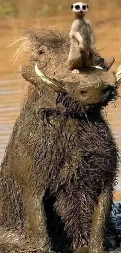 A meerkat sits on a warthog in muddy water, creating a unique wildlife moment.