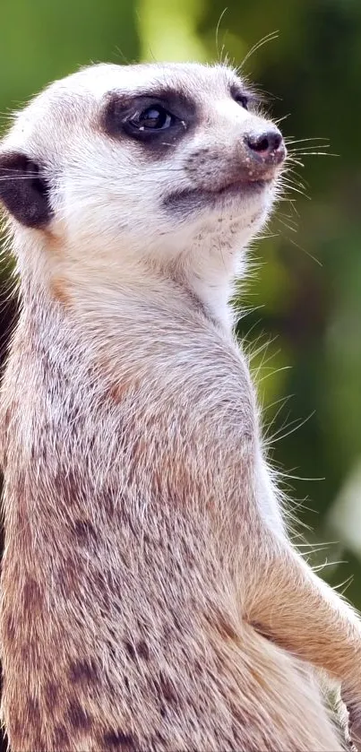 Curious meerkat standing against a green nature backdrop wallpaper.