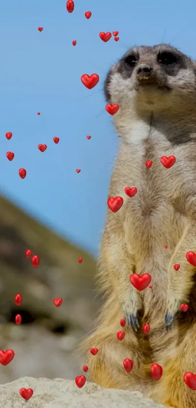 Meerkat surrounded by floating red hearts on a sunny day.