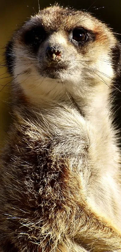 Meerkat standing on rock with blurred brown background.