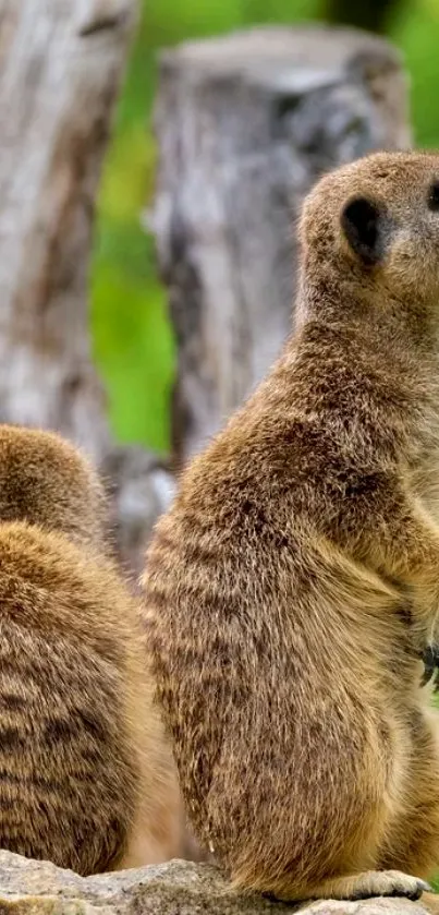 Two meerkats in their natural habitat with a blurred green background.