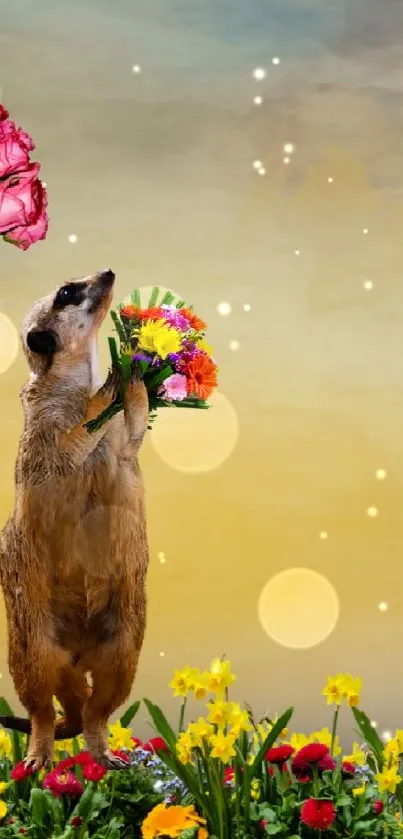 Meerkats holding flowers on artistic beige background.