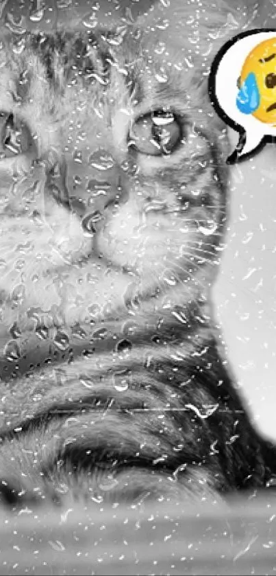 Black and white cat behind rain-covered window with sad emoji.