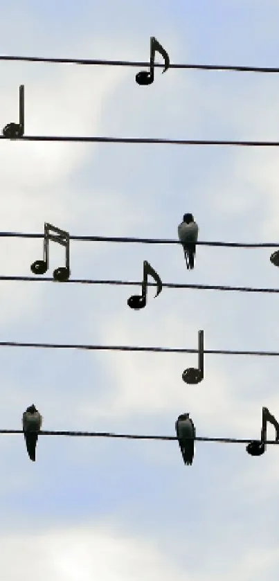 Birds form musical notes on wires against a sky backdrop in this artistic wallpaper.