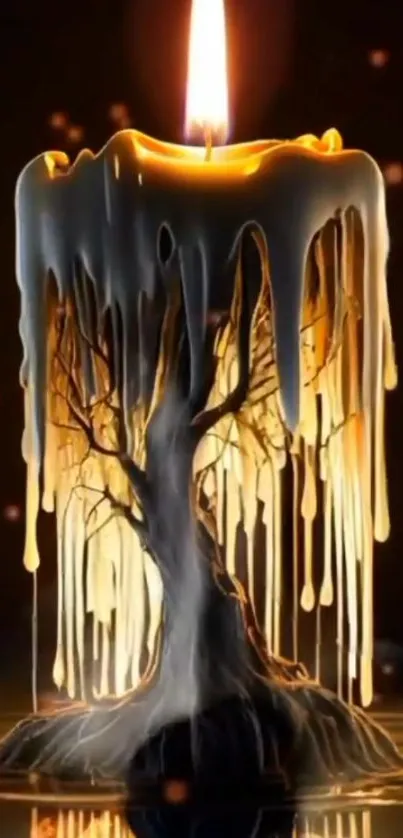 Melting candle forming a tree in artistic wallpaper.