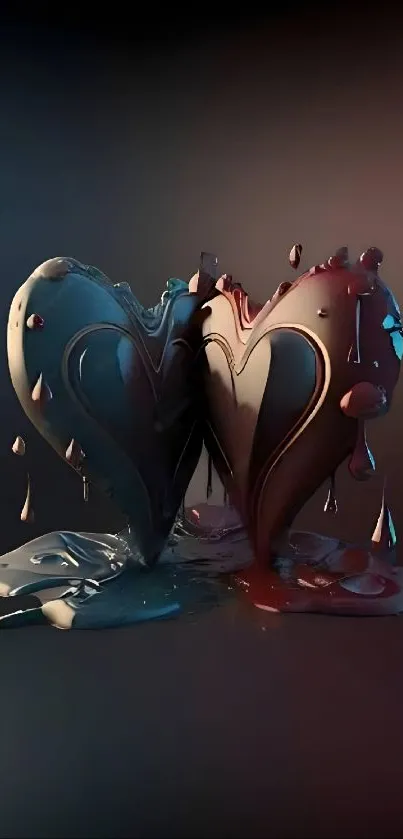 3D melting hearts with dual colors on a dark background.