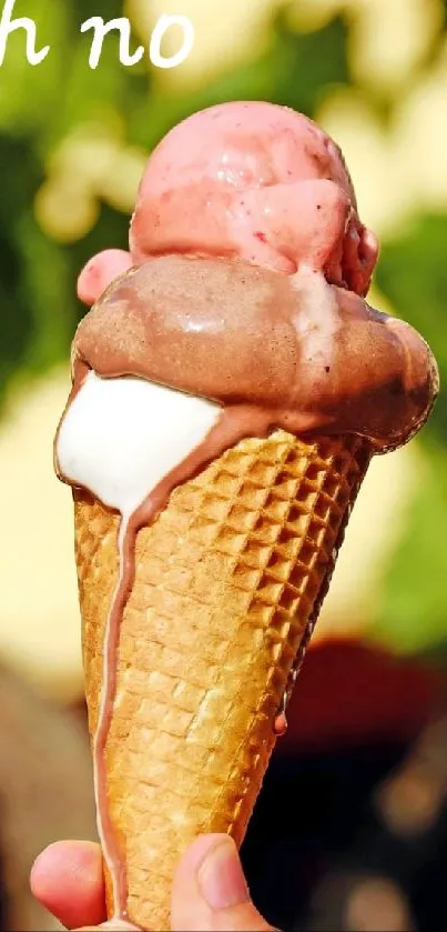 Melting ice cream cone with playful text 'Oh no' in summer setting.