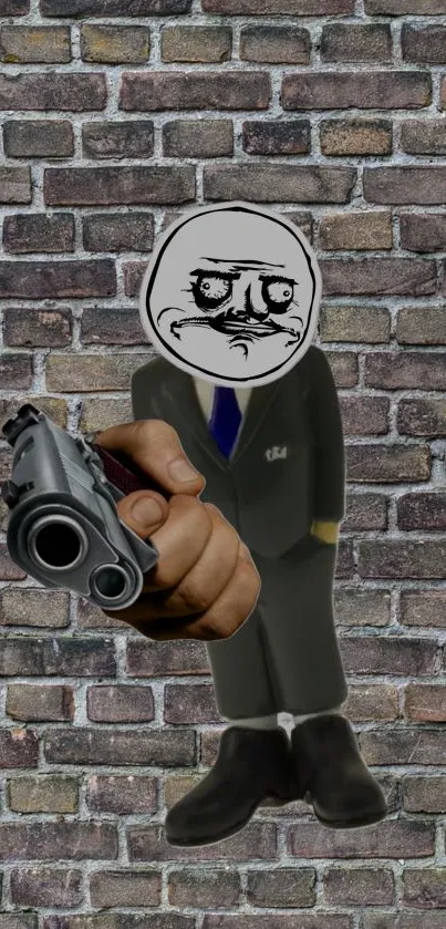 Meme figure in a suit holding a gun against a brick wall background.