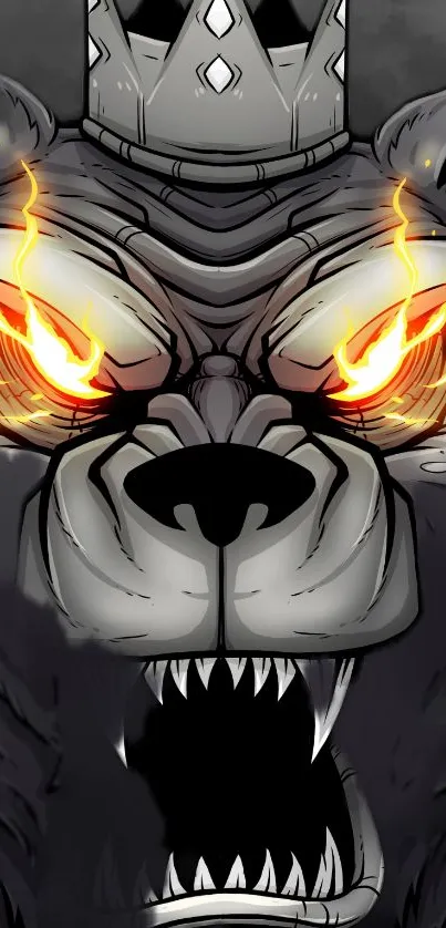 Fierce bear with flaming eyes and crown on a dark gray background.