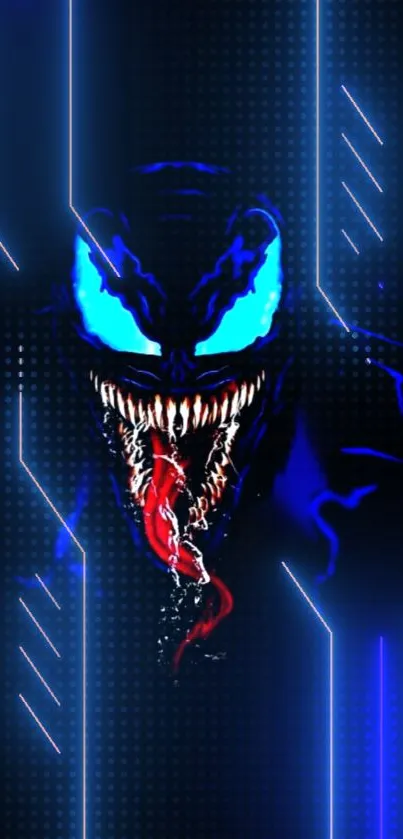 Futuristic blue monster with glowing eyes and red tongue on a dark background.