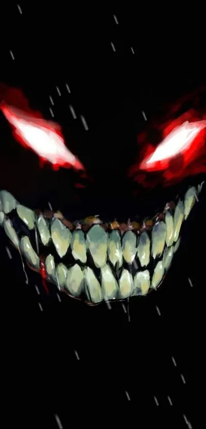 Chilling wallpaper of a grinning face with glowing red eyes on a black background.