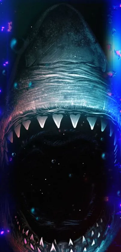 Menacing shark with glowing tones and open jaws in dark ocean wallpaper.