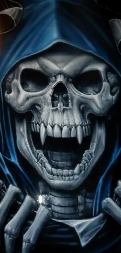 Dark blue hooded skull mobile wallpaper with menacing vibe.