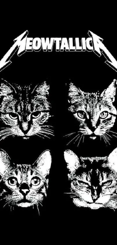 Black and white Meowtallica cat faces design on wallpaper.