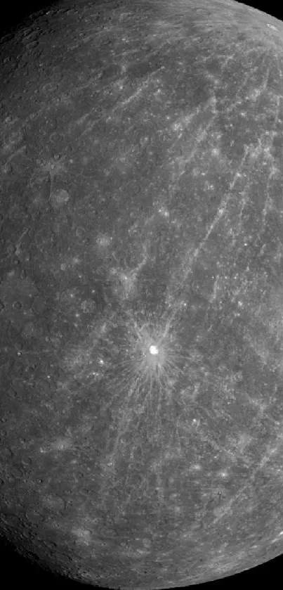 Gray surface of Mercury with craters and shadows in deep space.