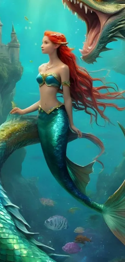 Mermaid with dragon in underwater fantasy realm.
