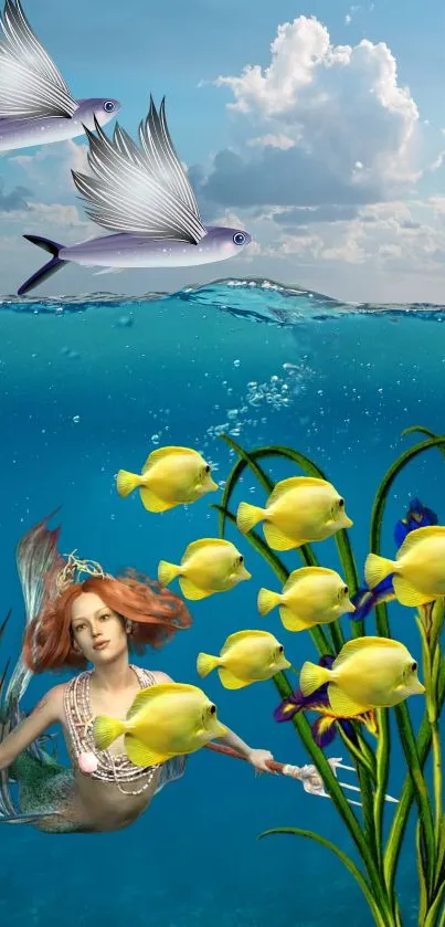 Mermaid swimming with colorful fish in a fantasy ocean scene.