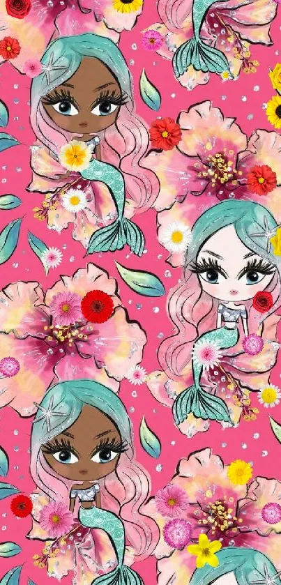 Vibrant mermaid and floral mobile wallpaper with pink background.