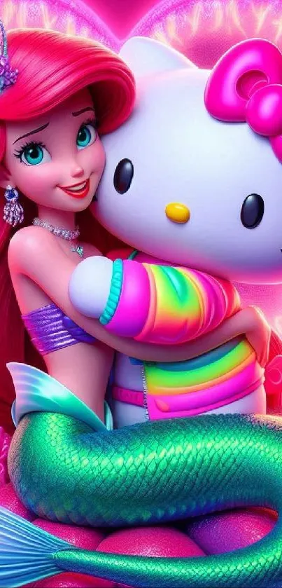 Colorful wallpaper with mermaid and Hello Kitty in fantasy style.