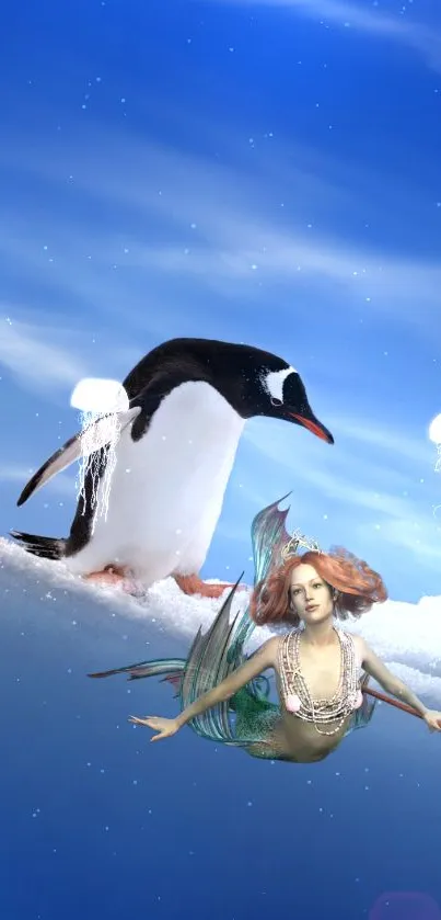 Mermaid and penguin in a dreamy, oceanic fantasy art scene.