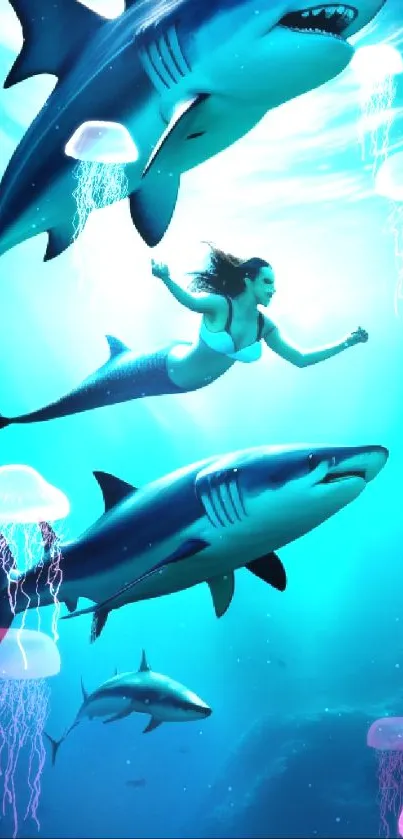 Mermaid swims with sharks in blue ocean scene.