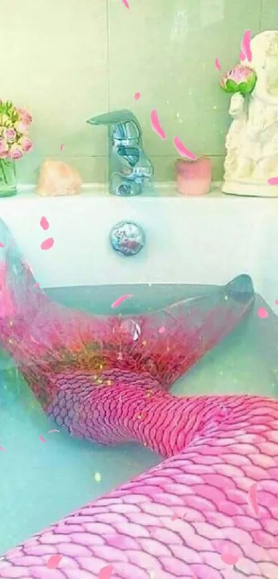 Mermaid tail in a pastel bath scene, creating a fantasy vibe.