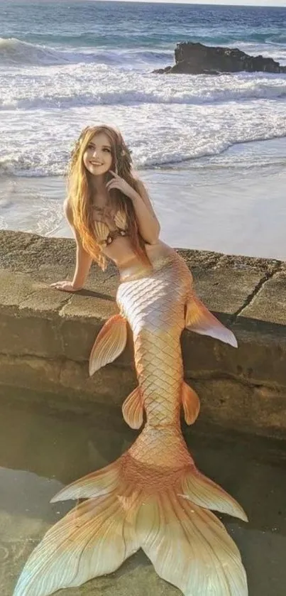 A beautiful mermaid sitting on a beach with ocean waves in the background.