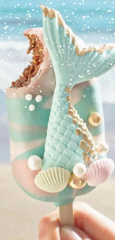 Mermaid themed ice cream in beach scenery with pastel colors.