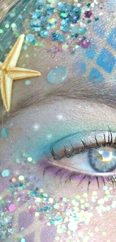 Mermaid-inspired glitter eye design with starfish detail.