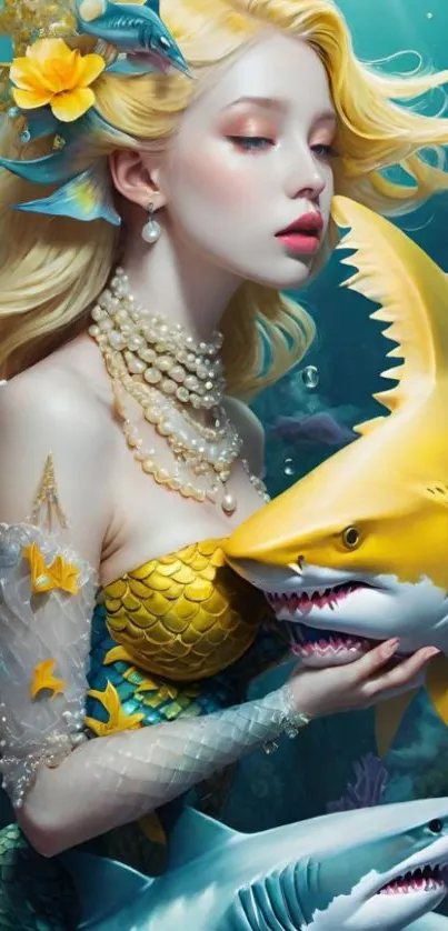 Fantasy art wallpaper of a mermaid with sharks, vibrant colors, and oceanic themes.