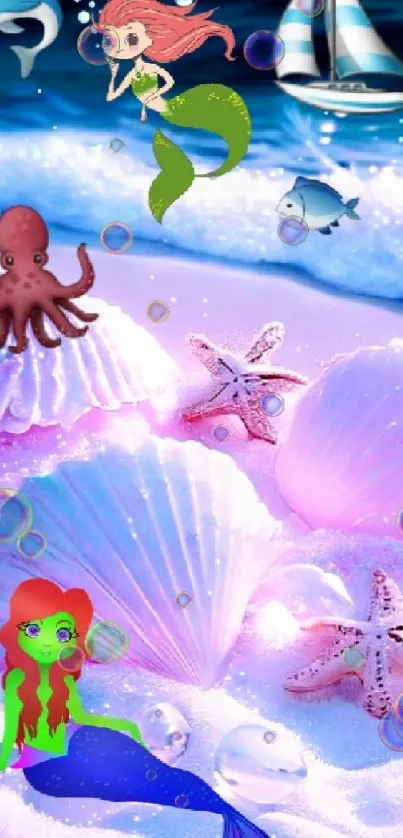 Mermaid on beach with seashells and starfish in a fantasy ocean scene.