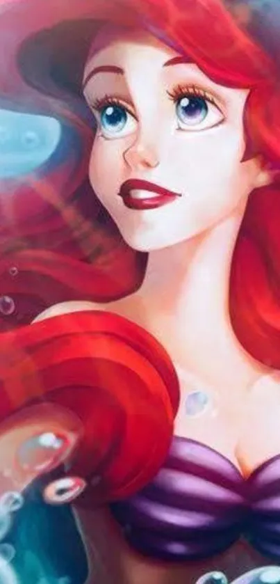 Animated mermaid with red hair and bubbles in ocean setting wallpaper.