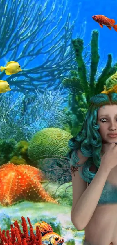 Mermaid in vibrant underwater scene with colorful fish and coral.