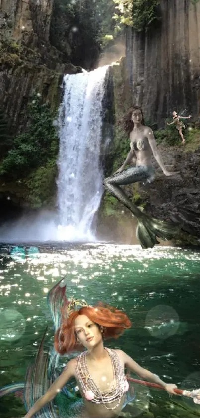 Mermaids in a magical waterfall setting with vibrant greenery.