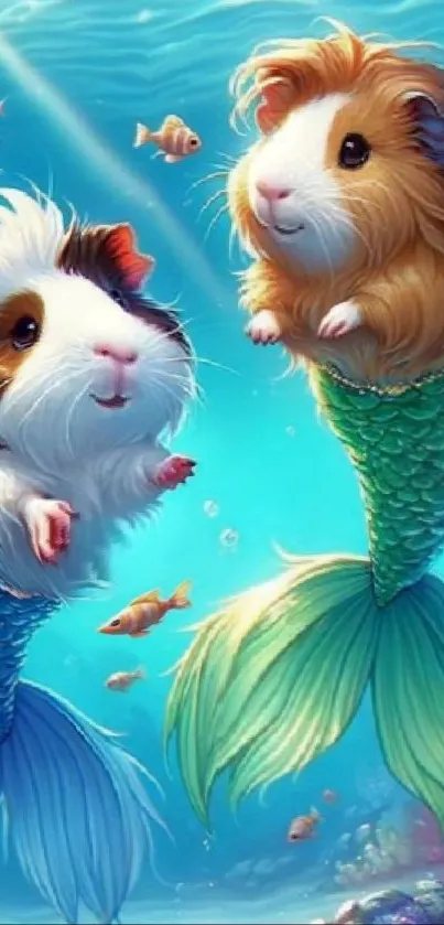 Mermaid guinea pigs swim in a magical, colorful underwater scene.