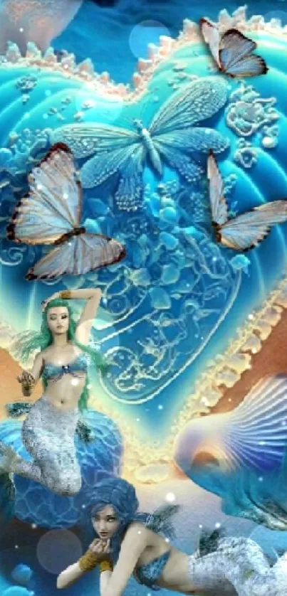 Fantasy wallpaper with mermaids and butterflies in blue tones.