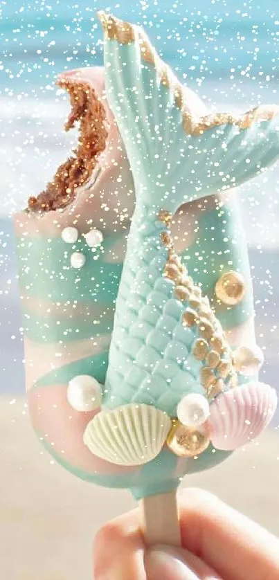 Mermaid tail ice cream against beach backdrop.