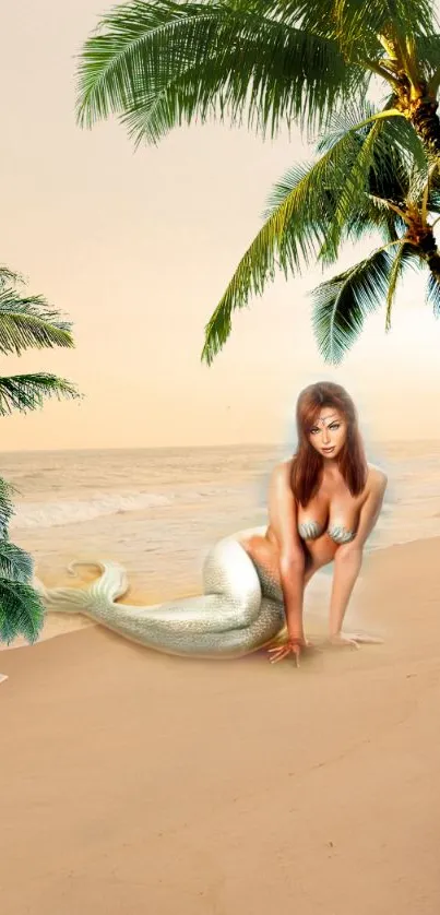 Mystical mermaid rests on serene tropical beach.