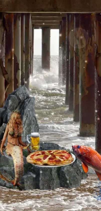 Whimsical mermaid under a rustic pier with pizza and fish.